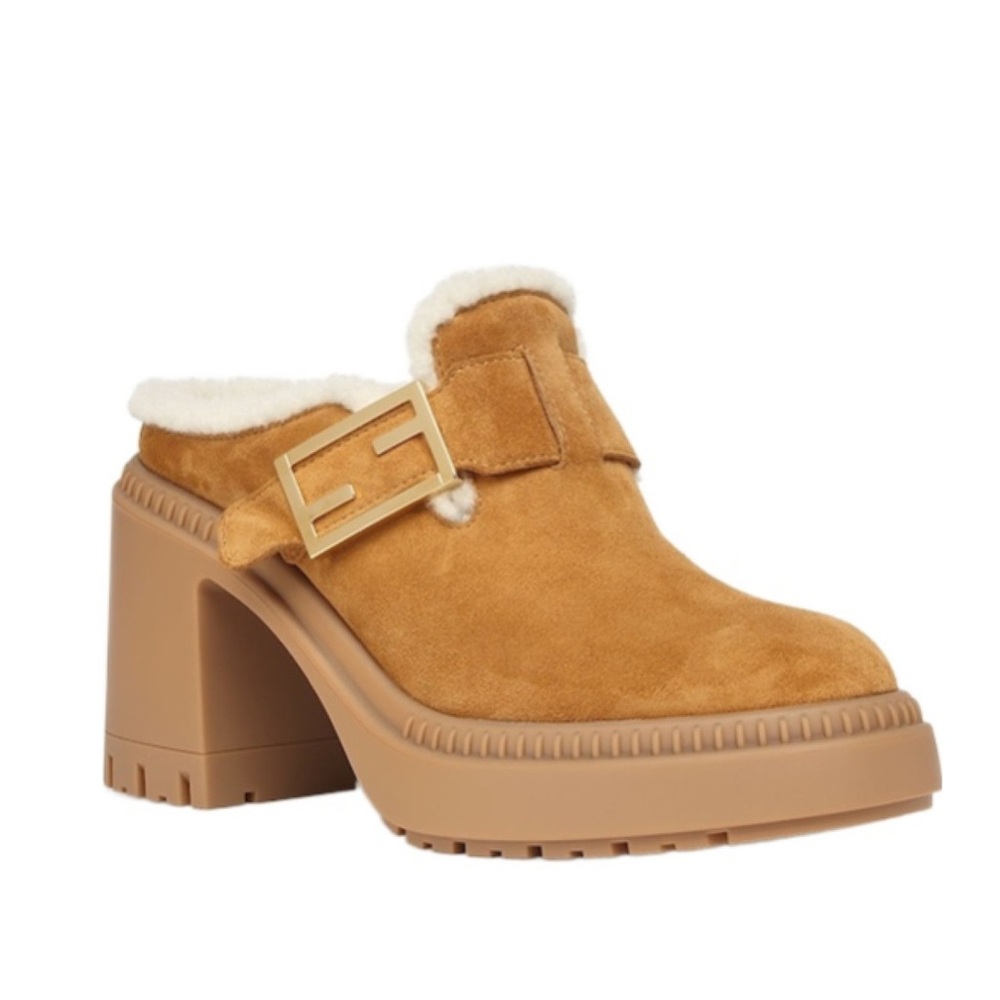 Fendi Tan Chunky Heeled Mules with Sherpa Lining